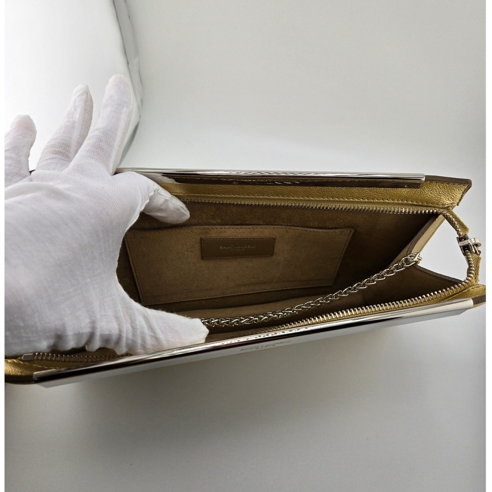 Saint Laurent Luteia Gold Metallic Leather Clutch Bag with Chain COA - Picture 7 of 11